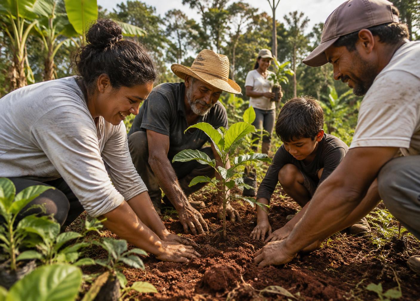 Família plantando uma muda em sistema agroflorestal